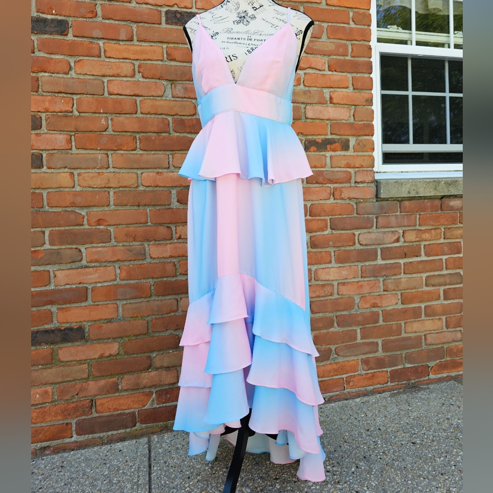 Buddy Love Ombre Pink & Blue Georgia Ruffle Hi-Low Peplum Maxi Dress – Size M 🌸